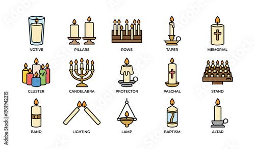 Assorted candle types including votive, candelabra, and taper on white background