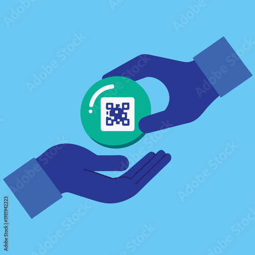 Two hands exchanging qr code on green circle qr code exchange