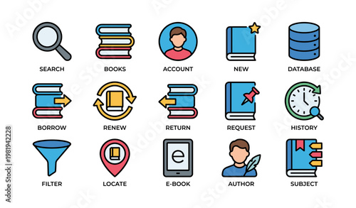 Library icons: search books account database e-book author history request