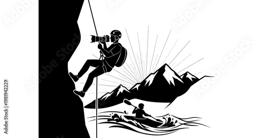 Man climbing rock face with ropes.