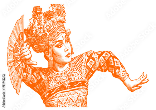 A vintage engraved illustration of a graceful Balinese dancer in ornate traditional costume, performing in an elegant cultural setting with musicians and intricate decorative details.
