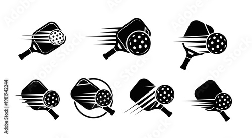 Pickleball Paddles and Balls Motion Icons Set