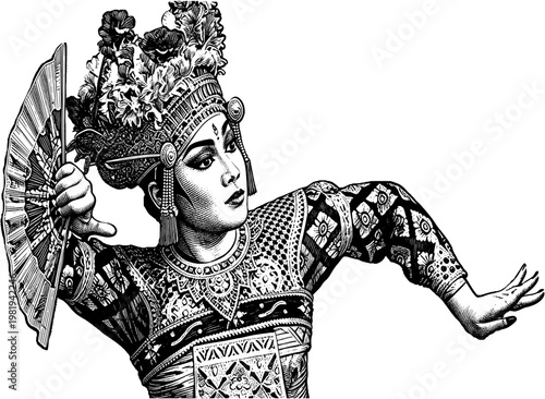 A vintage engraved illustration of a graceful Balinese dancer in ornate traditional costume, performing in an elegant cultural setting with musicians and intricate decorative details.
