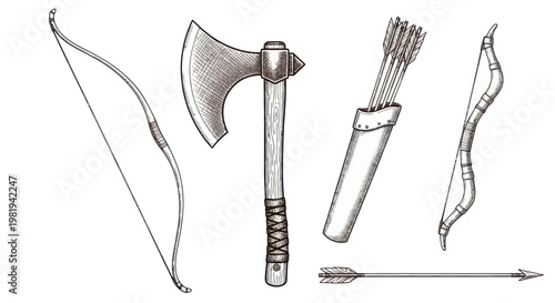 Medieval Weapons: Bow, Arrows, Quiver, Axe, Archery Equipment Illustration
