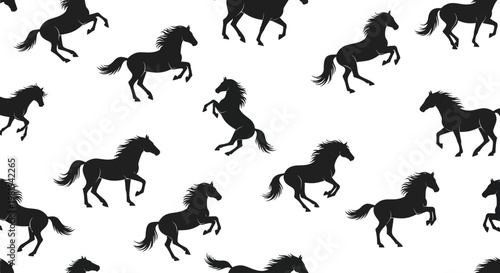 Seamless Pattern Silhouette Horses Running Wild, Galloping, Jumping, Playful Herd