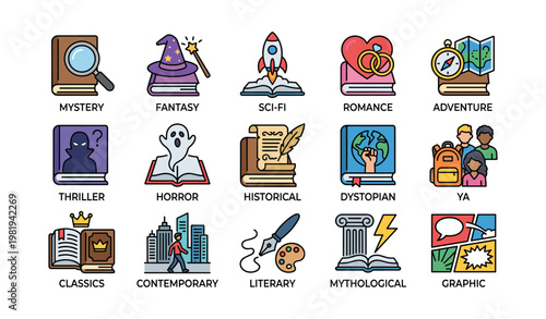 Colorful icons representing book genres including mystery fantasy sci-fi romance adventure