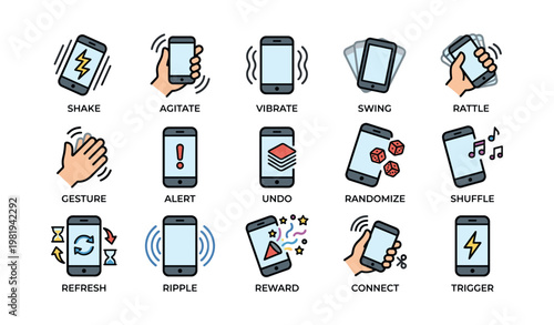 Smartphone gesture icons: shake, alert, connect, reward, shuffle functions
