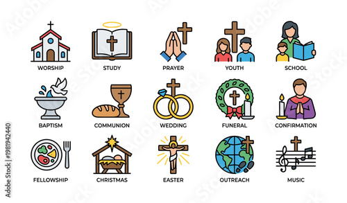 Religious symbols: worship, prayer, youth, communion, christmas