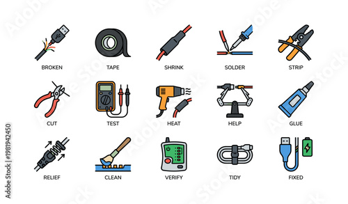 Icon set for electronics repair: tools and actions for diy projects