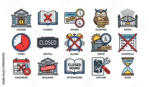 Library closed icons: locked, hours, sleeping, gated, digital, alarm, night, schedule, afterhours