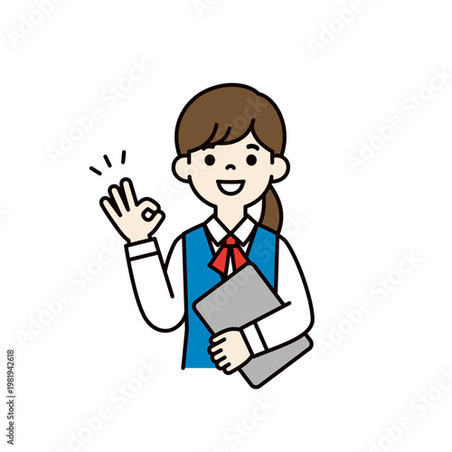 パソコンを持って了解のサインをする、制服を着た女性社員・事務員の上半身ベクターイラスト素材