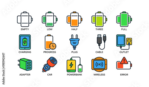 Colorful battery and charging icon set with power levels and charging devices