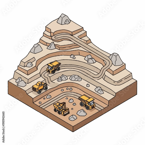 Isometric illustration of an open-pit mine with trucks and excavators extracting resources from the earth.