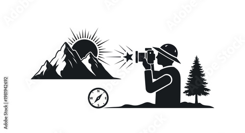 Man taking picture with camera outdoors.