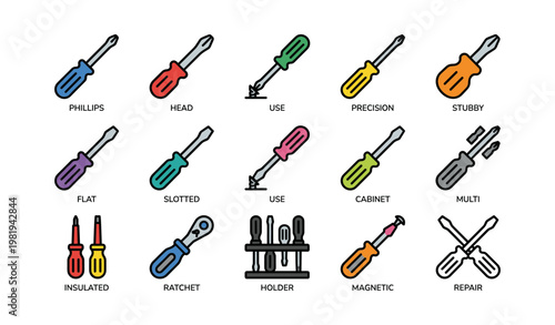 Colorful assortment of various screwdrivers demonstrating different types and uses