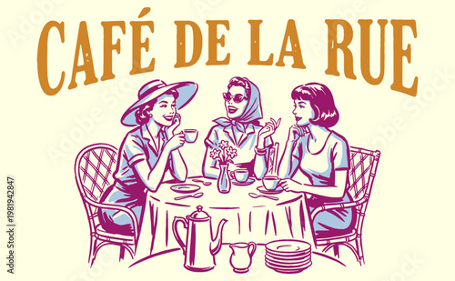 Vintage Morning Coffee Club. Classic cafe lifestyle artwork. Retro women social gathering graphic print for t-shirt, poster, and sticker design.