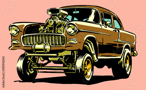 American muscle power. Classic drag racing graphic print. Vintage street machine design for poster, sticker, apparel and club collections.