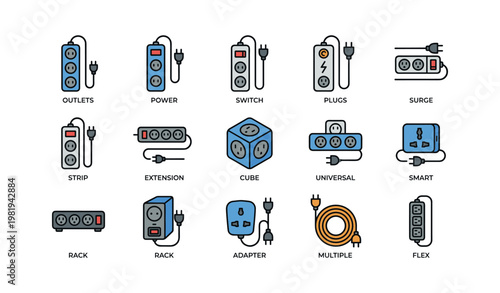 Various types of power strips and adapters with plugs and switches illustrated