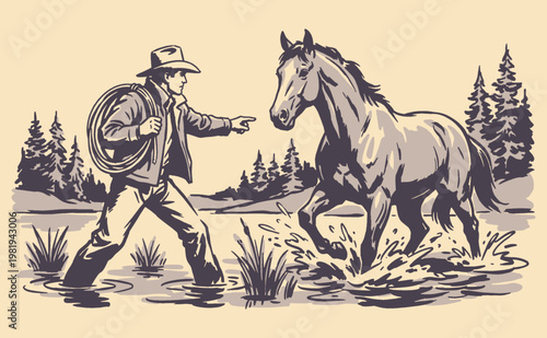Wild Western spirit. Vintage cowboy illustration for t-shirt design, poster, sticker, and apparel. Ranch life, horse riding, wilderness exploration.