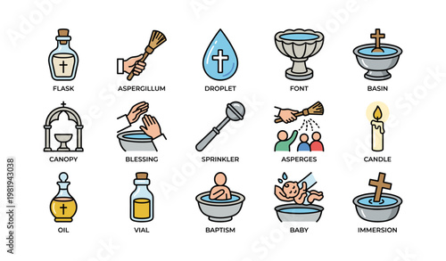 Illustrated icons of baptism rituals and holy sacraments