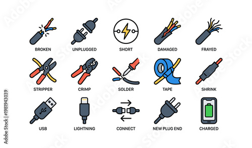 Electrical repair tools and icons collection for cable maintenance