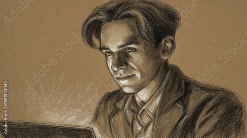 Sepia-toned portrait of a man, intently focused, illuminated by a soft glow from a screen