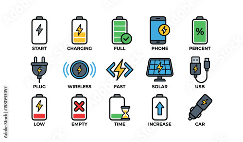 Icon set illustrating battery status and charging methods with technology devices