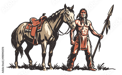 Warrior and horse vintage illustration. Western heritage artwork. Traditional tribal hunter graphic for print, poster, t-shirt design, and decor.