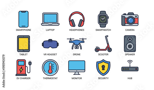 Collection of modern tech gadgets and electronics icons with colorful designs