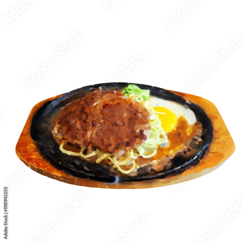 Hand-painted digital illustration of cooked beef steaks: one whole steak in a black cast iron skillet, and sliced steak on a rustic wooden cutting board with sauce and herbs, isolated on a transparent
