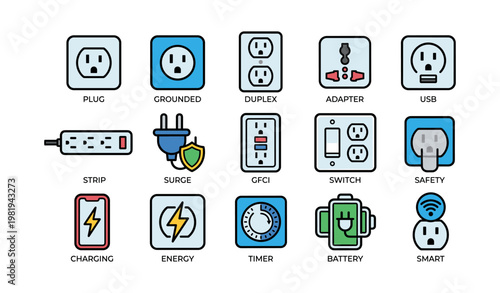 Various electrical outlets and devices including adapter, usb, and charger icons