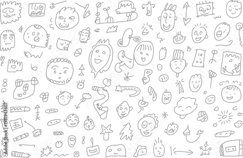Hand drawn doodles featuring various happy cartoon faces and playful sketches on a plain white surface
