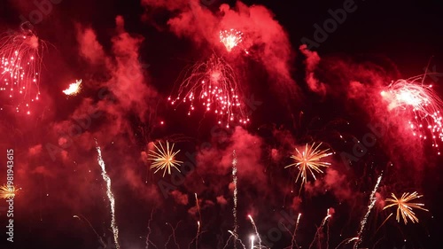 Amazing real beautiful colorful fireworks background on celebration night event for happy new year party, independence day, festivals, Abstract Multi color golden firework in the night sky