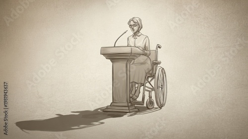 Illustration of a woman in a wheelchair giving a speech at a podium