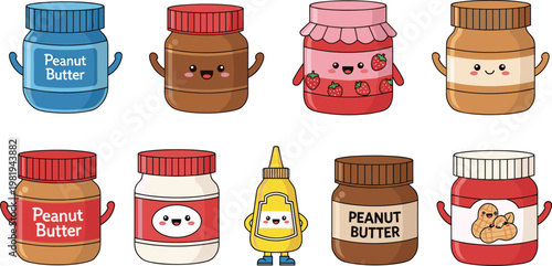 Cute Jar Collection with Peanut Butter, Jelly, Mustard, and Snack Condiments for Kawaii, Food, and Cartoon-Themed Illustrations for Digital Media and Websites