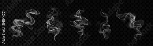 Set of vector realistic smoke, steam, aroma effects on a dark transparent background.