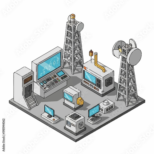 Isometric illustration of a communication station with towers and control panels.