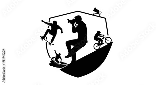 Silhouette of people on skateboard ramp.
