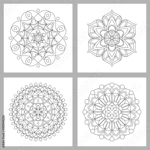 Asian floral mandalas set for adults coloring book. Vector ethnic circular ornaments. Black and white linear illustrations