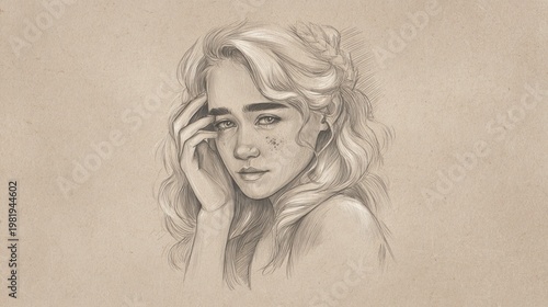 A pencil sketch of a young woman with curly hair, hand to her face, serene expression