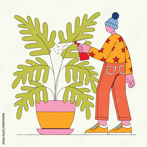 Person watering a plant with a spray bottle gardening
