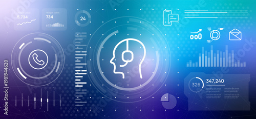 customer support and communication concept head with headset contact icons on digital dashboard with data visualization for call center performance monitoring and telemarketing