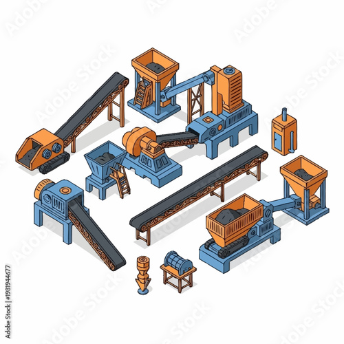 Isometric illustration of industrial mining and processing equipment, including crushers, conveyors, and hoppers, on a white background.
