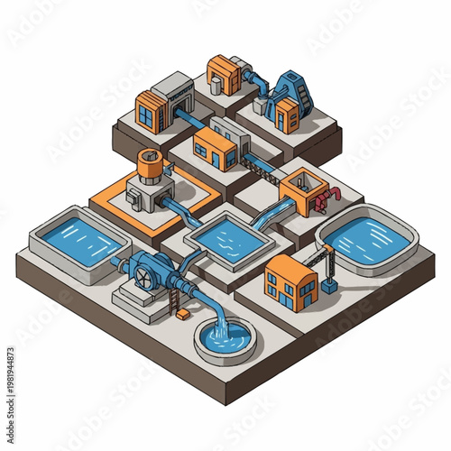 Isometric illustration of a water treatment plant with pumps, pipes, and reservoirs.