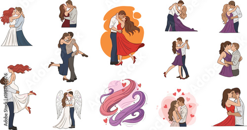 Romantic Couple Illustration Set with Dancing, Kissing, and Love-Themed Designs for Valentine’s Day, Relationships, and Wedding Illustrations
