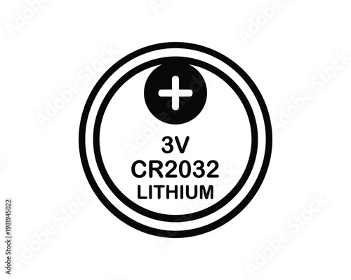 CR2032 Lithium 3V Battery Vector Icon, Positive Sign, Cell Power Supply