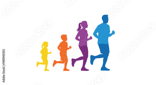 Colorful silhouettes of a happy family running together representing healthy lifestyle and active growth through their lives