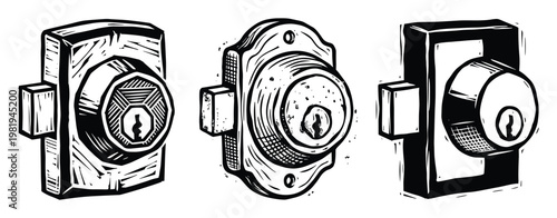 Deadbolt lock set, Door lock security, Woodcut illustration