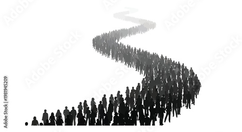 Large group of people standing in a long winding line against a clean white isolated background