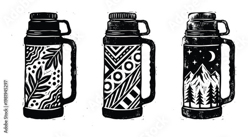 Decorative Thermos Flasks Black and White Linocut Designs